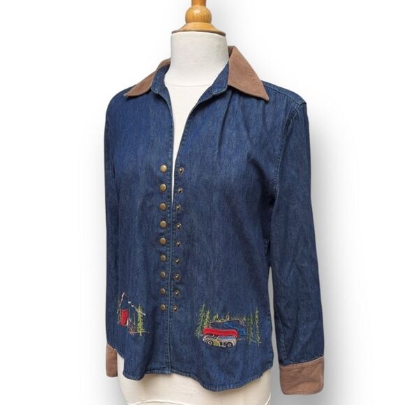 Denim Jacket Camping Embroidered Camp Scene Corduroy Collar Cuffs Blue Medium - Picture 3 of 9